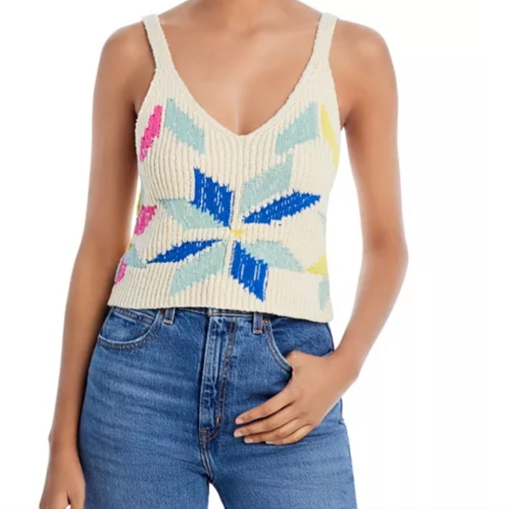 MOTHER  NWT Cream Knit Tank with Blue and Pink Design Sz M - Picture 2 of 9